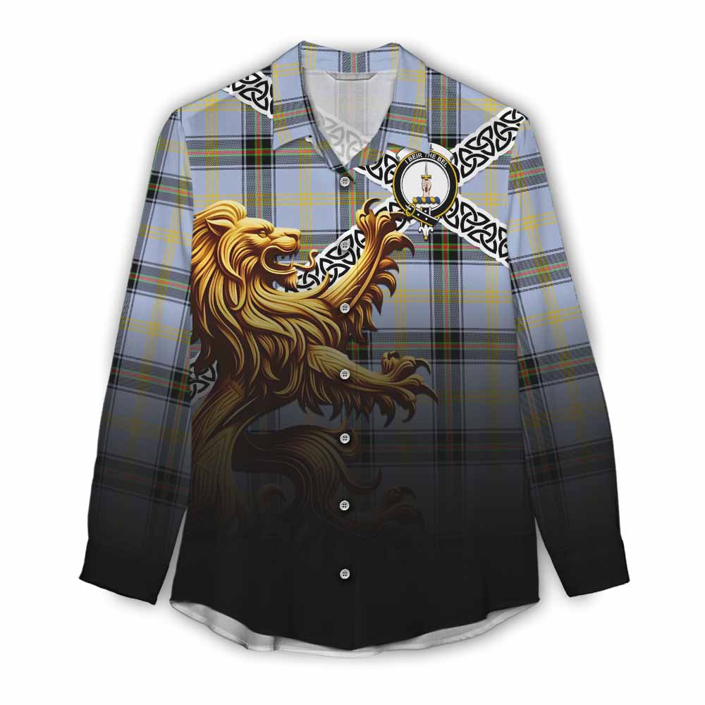 Tartan Vibes Clothing Bell Crest Tartan Women's Casual Shirt with Golden Lion Emblem Celtic Style