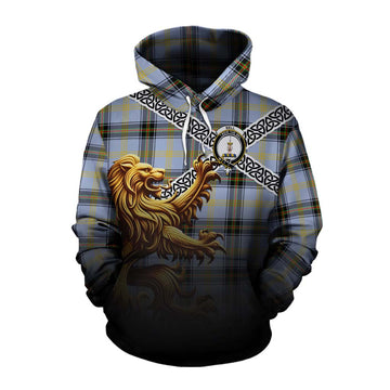Tartan Vibes Clothing Bell Crest Tartan Cotton Hoodie with Golden Lion Emblem Celtic Style