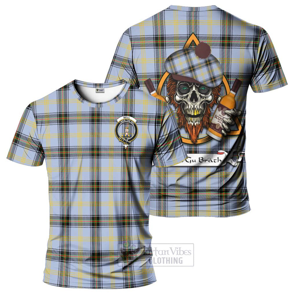 Tartan Vibes Clothing Bell Tartan T-Shirt with Family Crest and Bearded Skull Holding Bottles of Whiskey