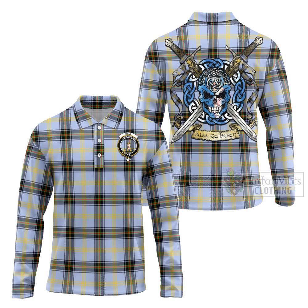 Tartan Vibes Clothing Bell Tartan Long Sleeve Polo Shirt with Family Crest Celtic Skull Style