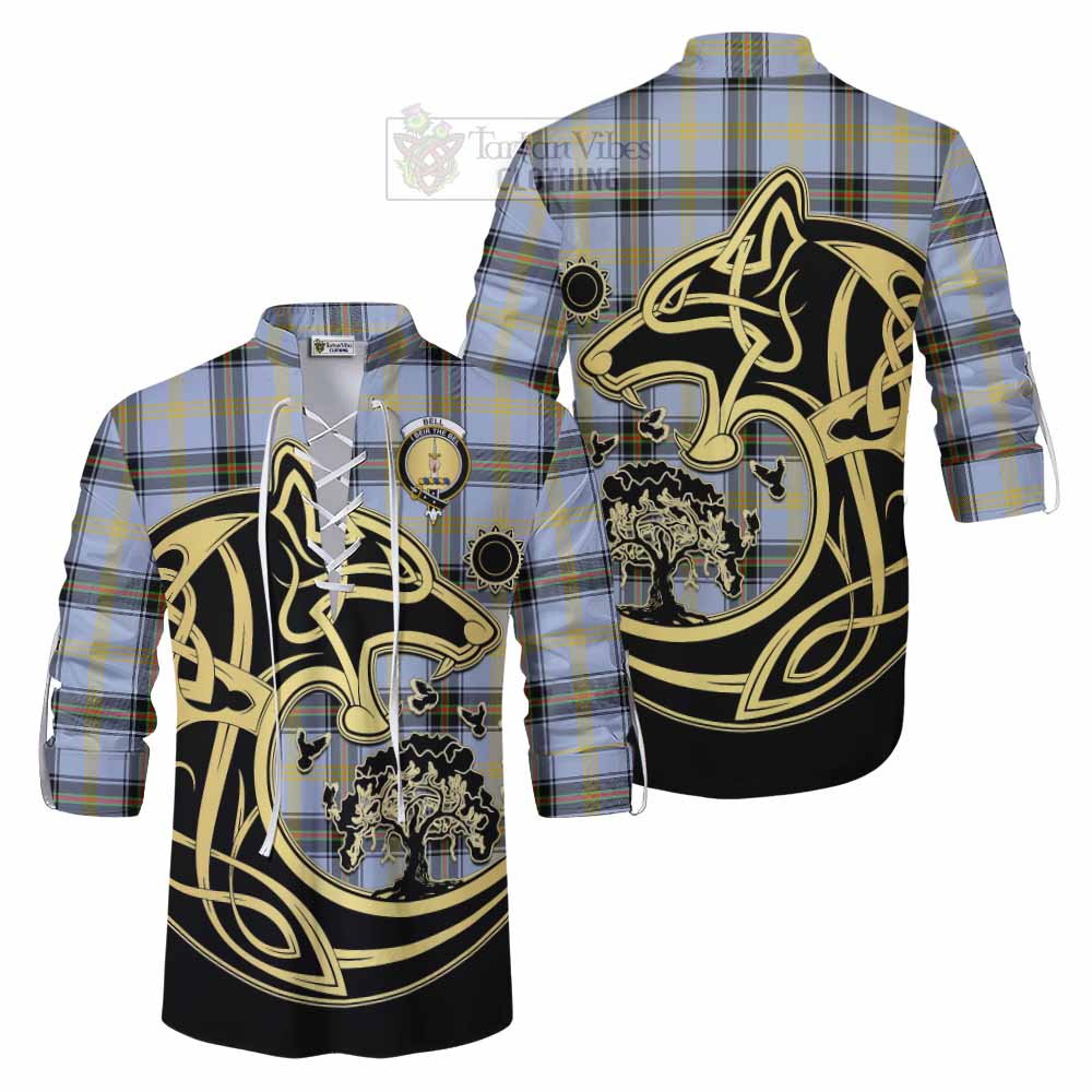 Tartan Vibes Clothing Bell Tartan Ghillie Kilt Shirt with Family Crest Celtic Wolf Style