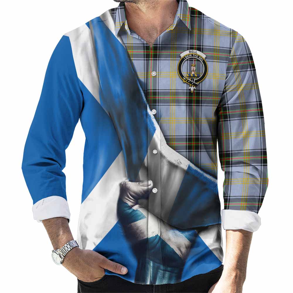 Tartan Vibes Clothing Bell Tartan Long Sleeve Button Shirt with Family Crest Scotland Patriotic Style