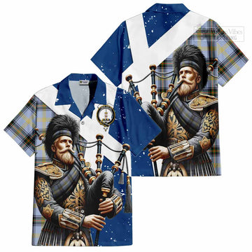 Tartan Vibes Clothing Bell Tartan Short Sleeve Button Shirt with Family Crest Scottish Bagpiper Vibes