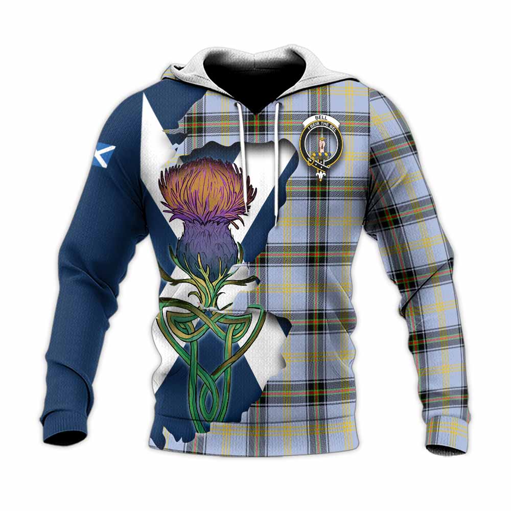 Tartan Vibes Clothing Bell Tartan Family Crest Knitted Hoodie Scottish Thistle Celtic Inspired