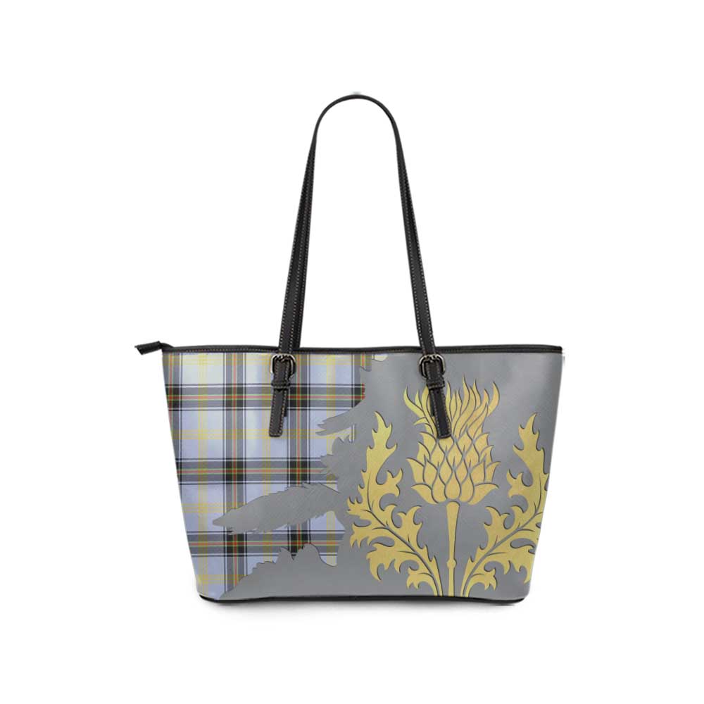 Tartan Vibes Clothing Bell Tartan Leather Tote Bag Gold Thistle Style