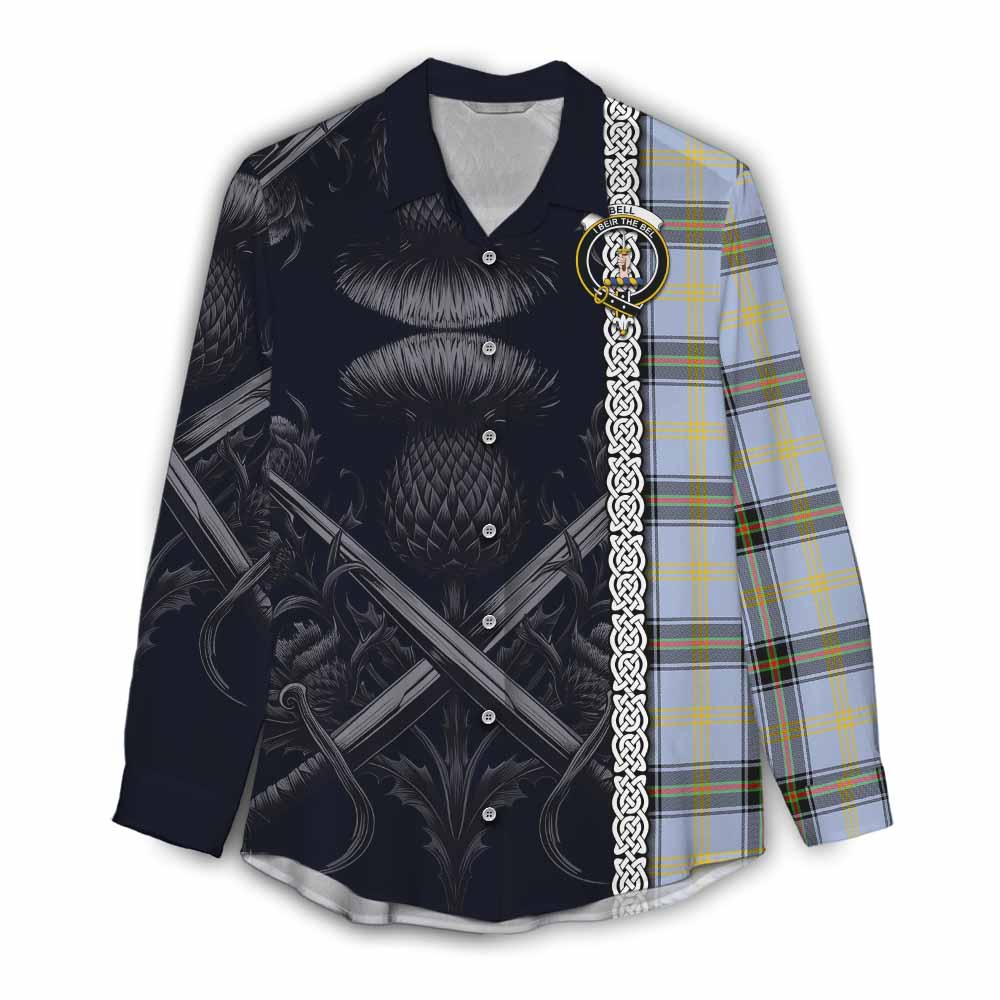 Tartan Vibes Clothing Bell Tartan Women's Casual Shirt with Family Crest Cross Sword Thistle Celtic Vibes
