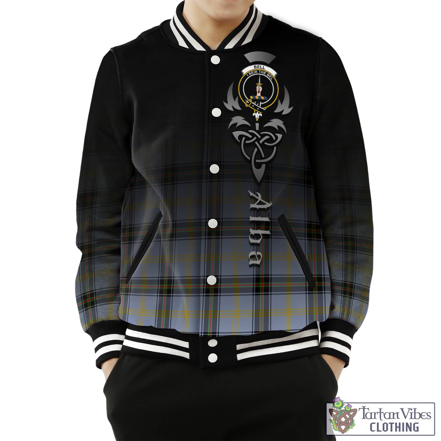 Tartan Vibes Clothing Bell Tartan Baseball Jacket Featuring Alba Gu Brath Family Crest Celtic Inspired
