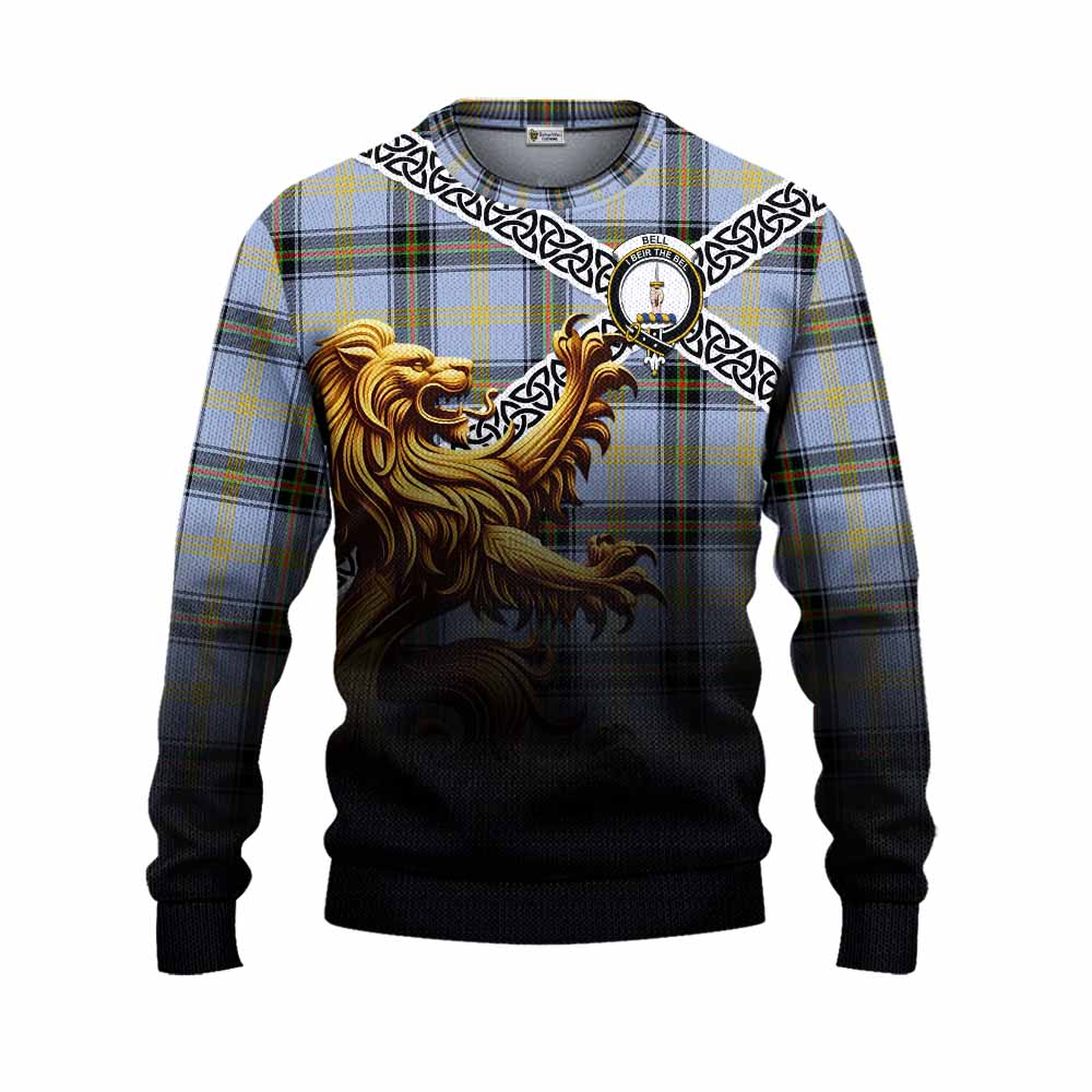 Tartan Vibes Clothing Bell Crest Tartan Knitted Sweater with Golden Lion Emblem Celtic Style