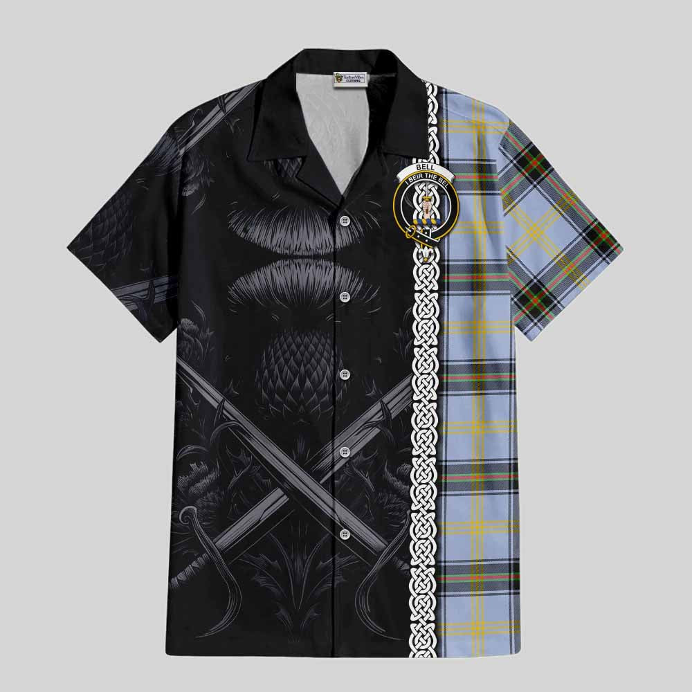 Tartan Vibes Clothing Bell Tartan Short Sleeve Button Shirt with Family Crest Cross Sword Thistle Celtic Vibes