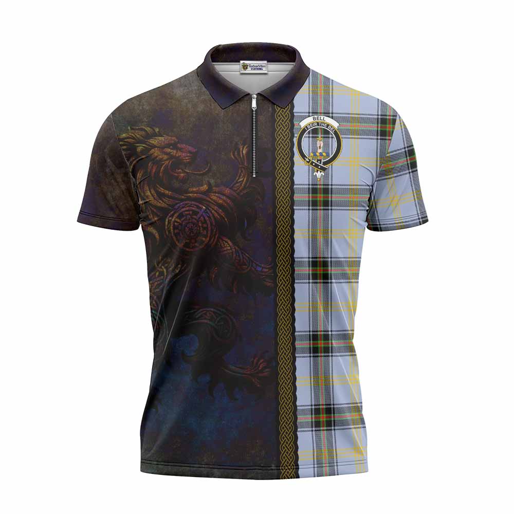 Tartan Vibes Clothing Bell Tartan Family Crest Zipper Polo Shirt Alba Gu Brath Be Brave Lion Ancient Style