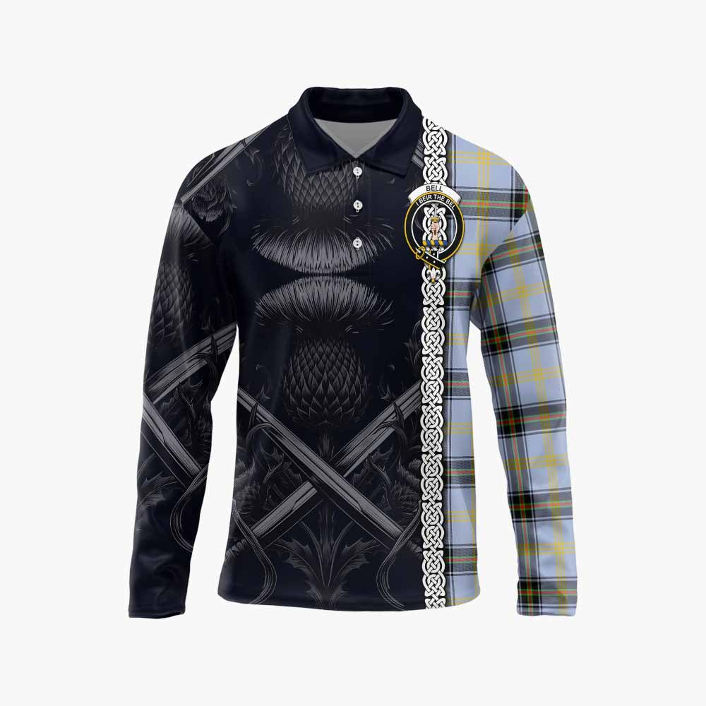 Tartan Vibes Clothing Bell Tartan Long Sleeve Polo Shirt with Family Crest Cross Sword Thistle Celtic Vibes
