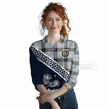 Tartan Vibes Clothing Bell Tartan Women's Casual Shirt Featuring Thistle and Scotland Map