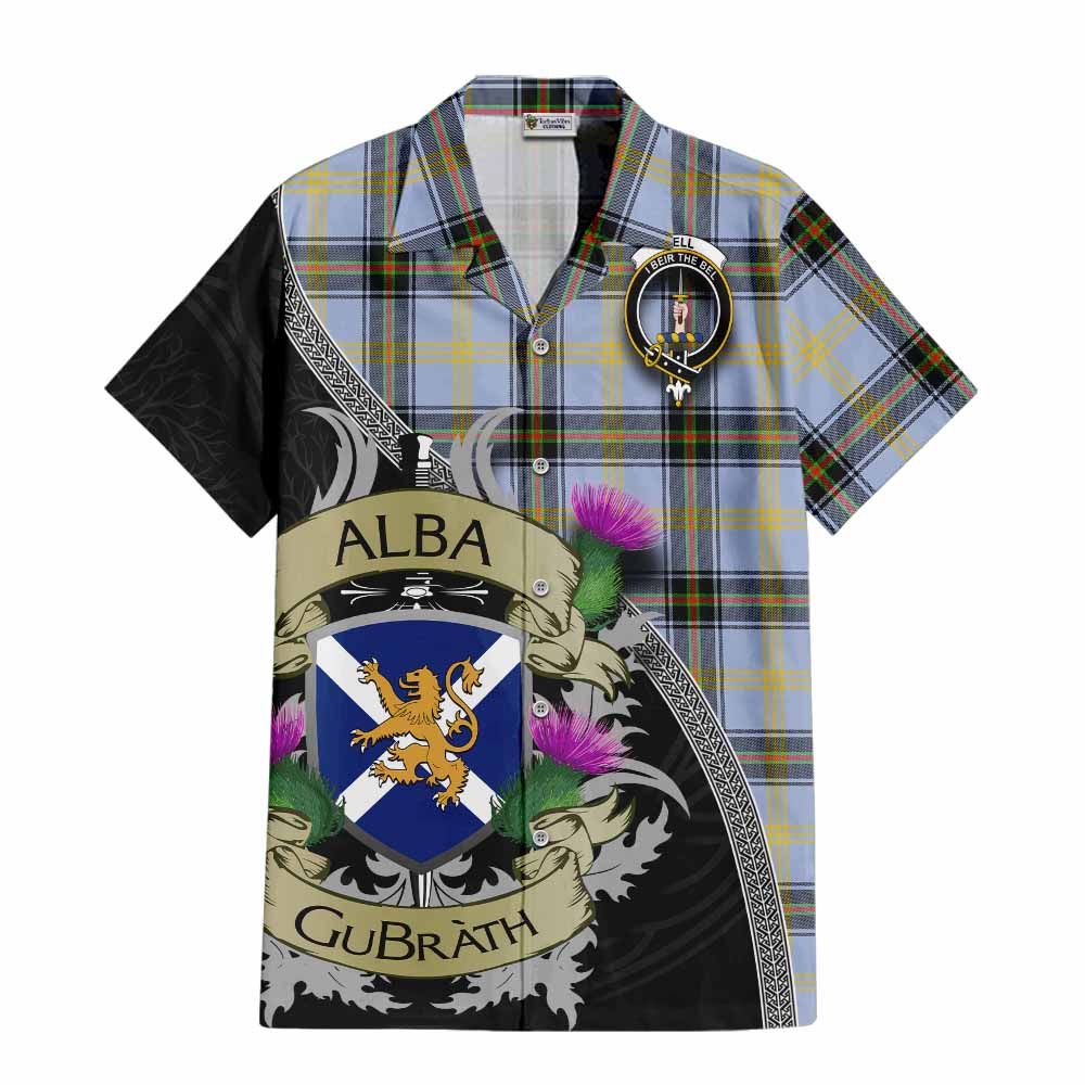 Tartan Vibes Clothing Bell Tartan Family Crest Short Sleeve Button Shirt Lion Rampant Royal Thistle Shield Celtic Inspired