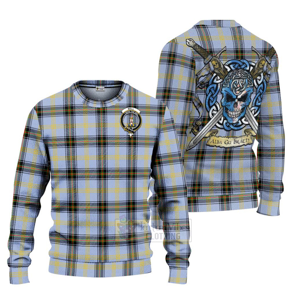 Tartan Vibes Clothing Bell Tartan Knitted Sweater with Family Crest Celtic Skull Style