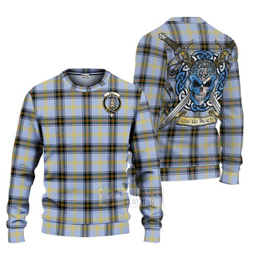 Tartan Vibes Clothing Bell Tartan Knitted Sweater with Family Crest Celtic Skull Style