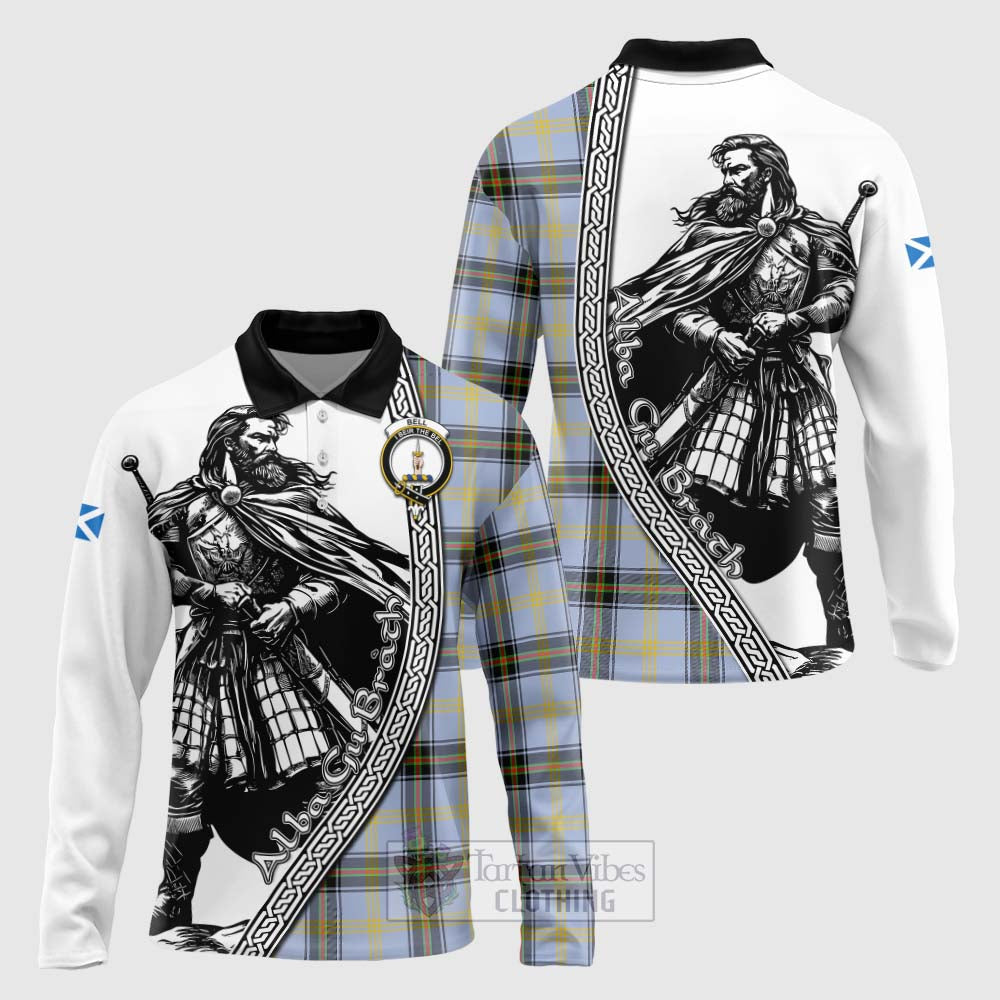 Bell Tartan Clan Crest Long Sleeve Polo Shirt with Highlander Warrior Celtic Style Unisex - Tartan Vibes Clothing