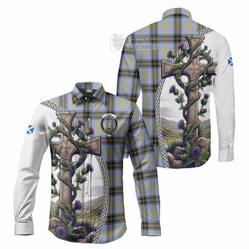 Tartan Vibes Clothing Bell Tartan Long Sleeve Button Shirt with Family Crest and St. Andrew's Cross Accented by Thistle Vines