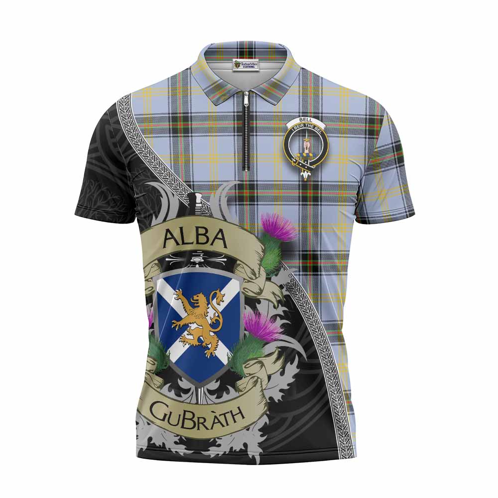 Tartan Vibes Clothing Bell Tartan Family Crest Zipper Polo Shirt Lion Rampant Royal Thistle Shield Celtic Inspired