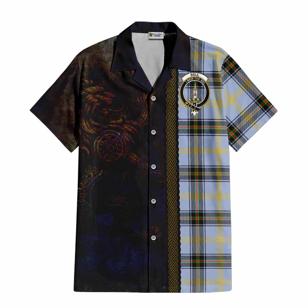 Tartan Vibes Clothing Bell Tartan Family Crest Short Sleeve Button Shirt Alba Gu Brath Be Brave Lion Ancient Style