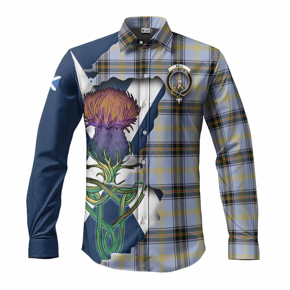 Tartan Vibes Clothing Bell Tartan Family Crest Long Sleeve Button Shirt Scottish Thistle Celtic Inspired