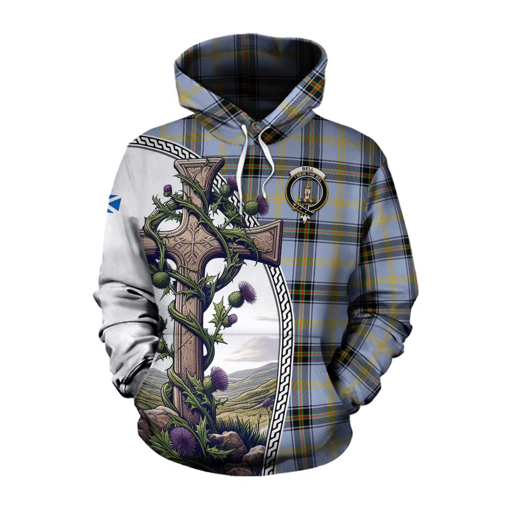 Tartan Vibes Clothing Bell Tartan Cotton Hoodie with Family Crest and St. Andrew's Cross Accented by Thistle Vines