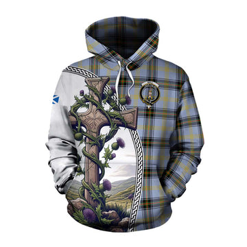 Bell Tartan Cotton Hoodie with Family Crest and St. Andrew's Cross Accented by Thistle Vines