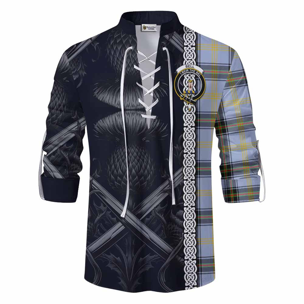 Tartan Vibes Clothing Bell Tartan Ghillie Kilt Shirt with Family Crest Cross Sword Thistle Celtic Vibes