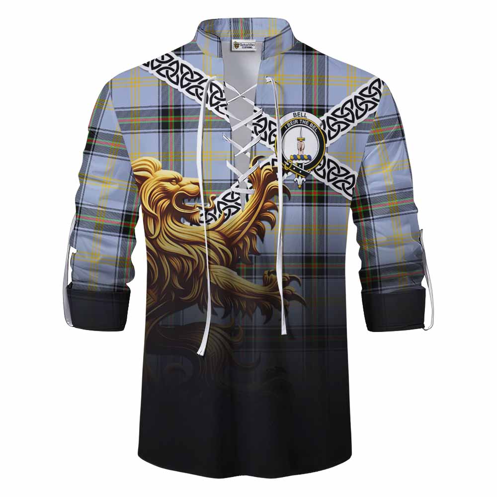 Tartan Vibes Clothing Bell Crest Tartan Ghillie Kilt Shirt with Golden Lion Emblem Celtic Style