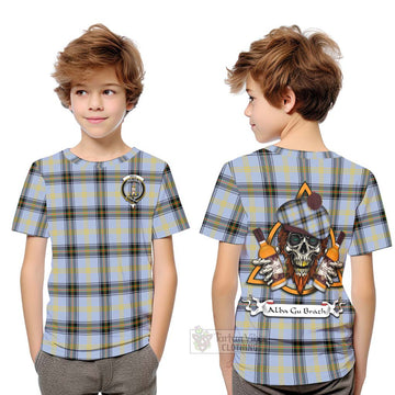 Tartan Vibes Clothing Bell Tartan Kid T-Shirt with Family Crest and Bearded Skull Holding Bottles of Whiskey