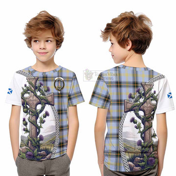 Tartan Vibes Clothing Bell Tartan Kid T-Shirt with Family Crest and St. Andrew's Cross Accented by Thistle Vines
