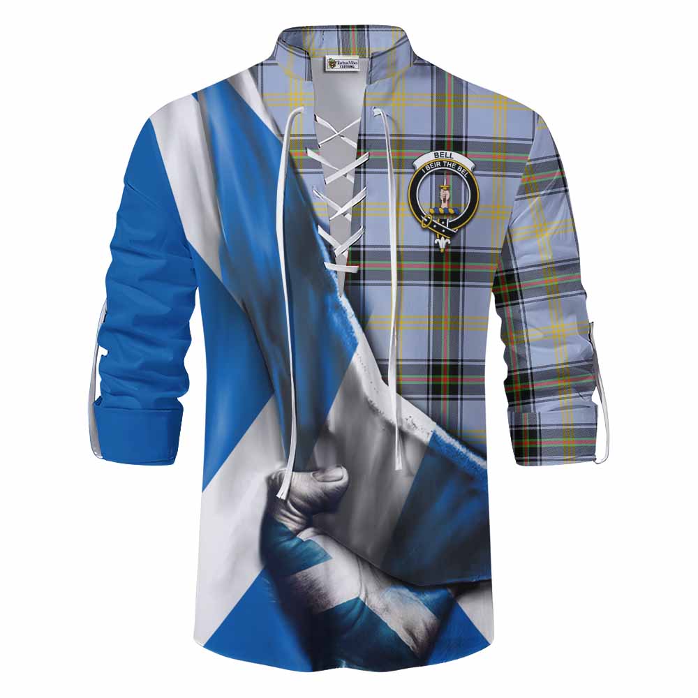 Tartan Vibes Clothing Bell Tartan Ghillie Kilt Shirt with Family Crest Scotland Patriotic Style