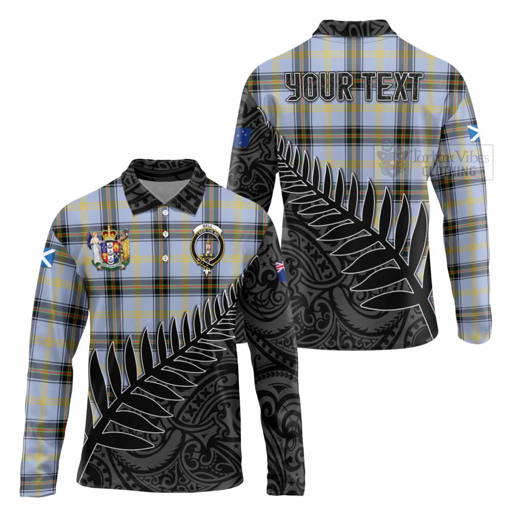 Tartan Vibes Clothing Bell Crest Tartan Long Sleeve Polo Shirt with New Zealand Silver Fern Half Style