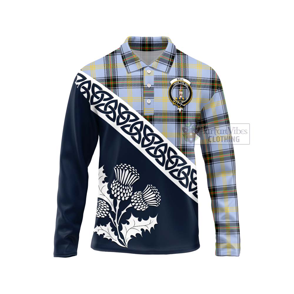 Bell Tartan Long Sleeve Polo Shirt Featuring Thistle and Scotland Map Unisex - Tartan Vibes Clothing