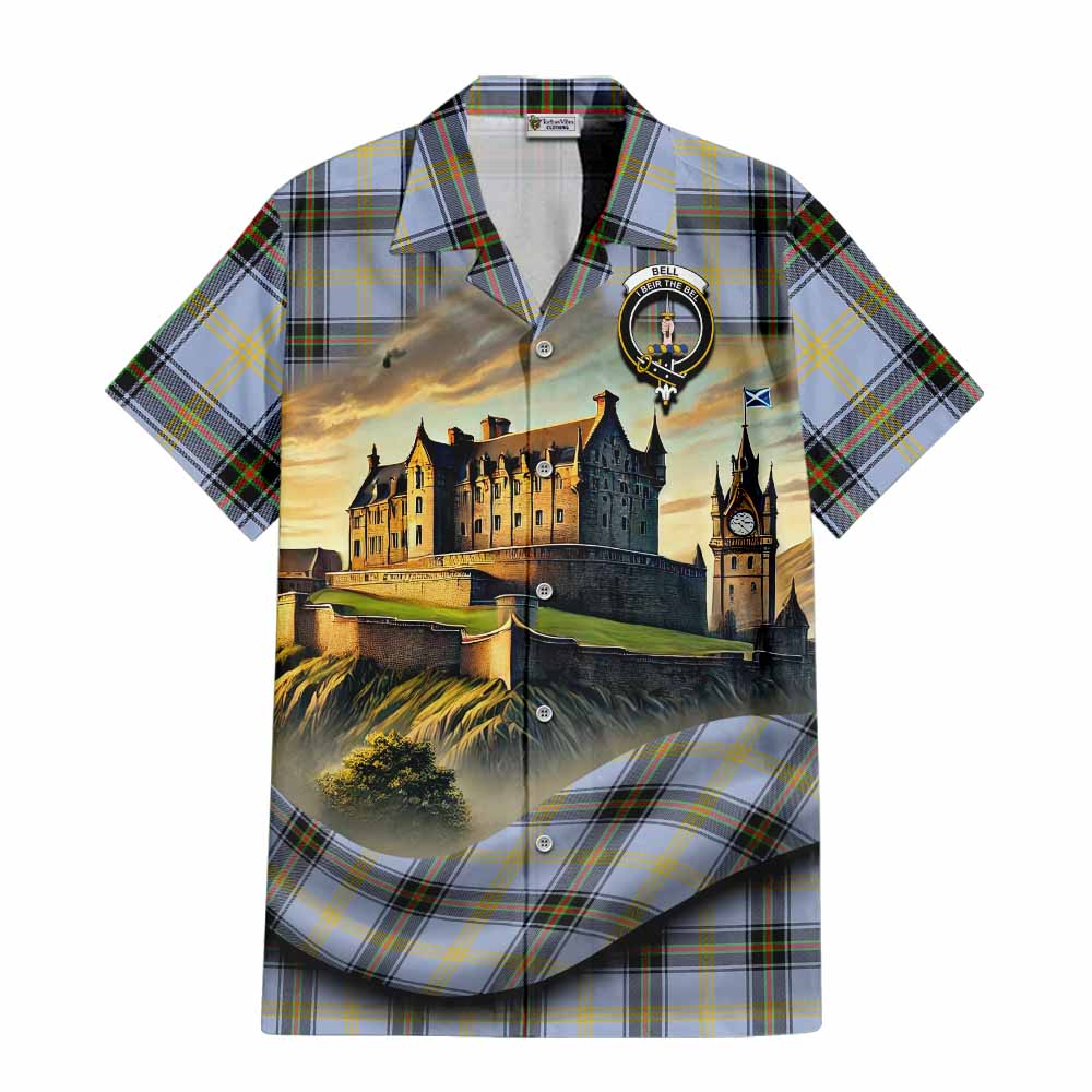 Tartan Vibes Clothing Bell Tartan Family Crest Short Sleeve Button Shirt with Scottish Ancient Castle Style