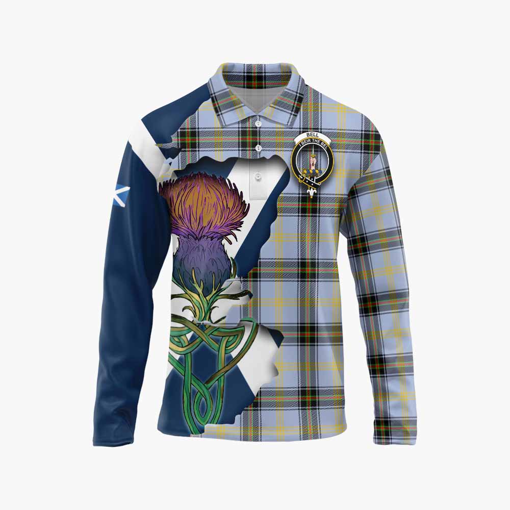Tartan Vibes Clothing Bell Tartan Family Crest Long Sleeve Polo Shirt Scottish Thistle Celtic Inspired