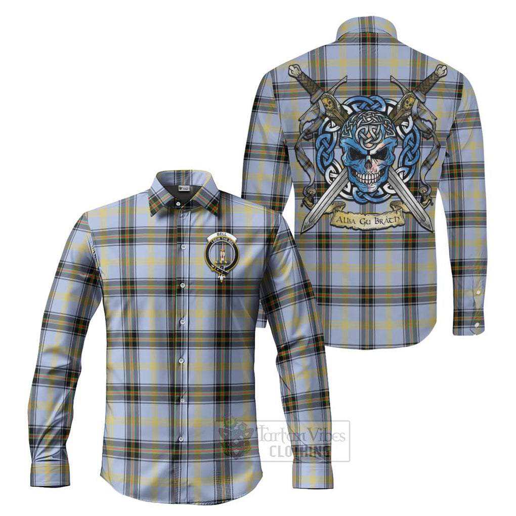 Tartan Vibes Clothing Bell Tartan Long Sleeve Button Shirt with Family Crest Celtic Skull Style
