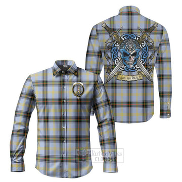 Bell Tartan Long Sleeve Button Shirt with Family Crest Celtic Skull Style