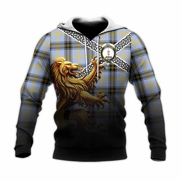 Bell Crest Tartan Knitted Hoodie with Golden Lion Emblem Celtic Style