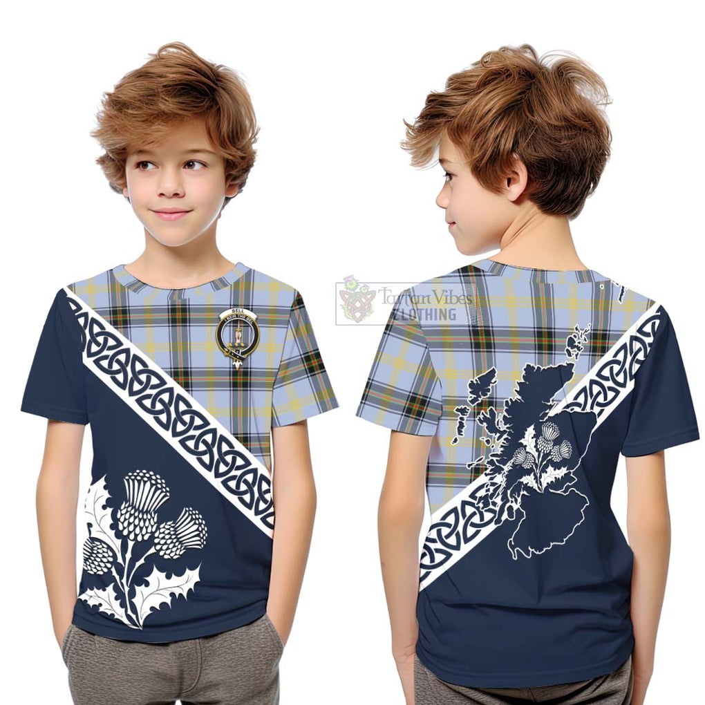 Tartan Vibes Clothing Bell Tartan Kid T-Shirt Featuring Thistle and Scotland Map