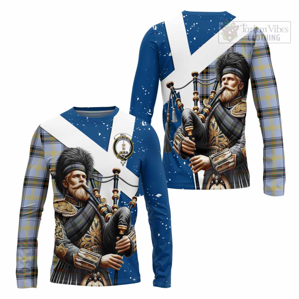 Tartan Vibes Clothing Bell Tartan Long Sleeve T-Shirt with Family Crest Scottish Bagpiper Vibes