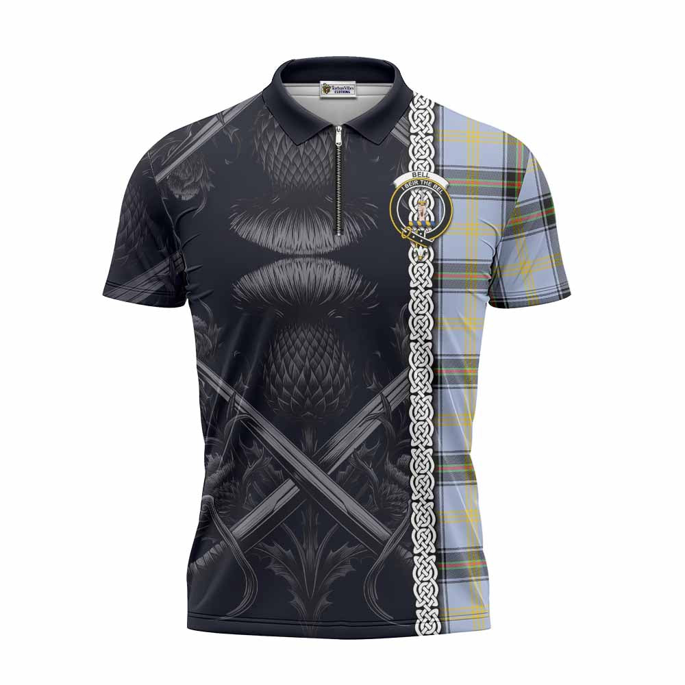 Tartan Vibes Clothing Bell Tartan Zipper Polo Shirt with Family Crest Cross Sword Thistle Celtic Vibes