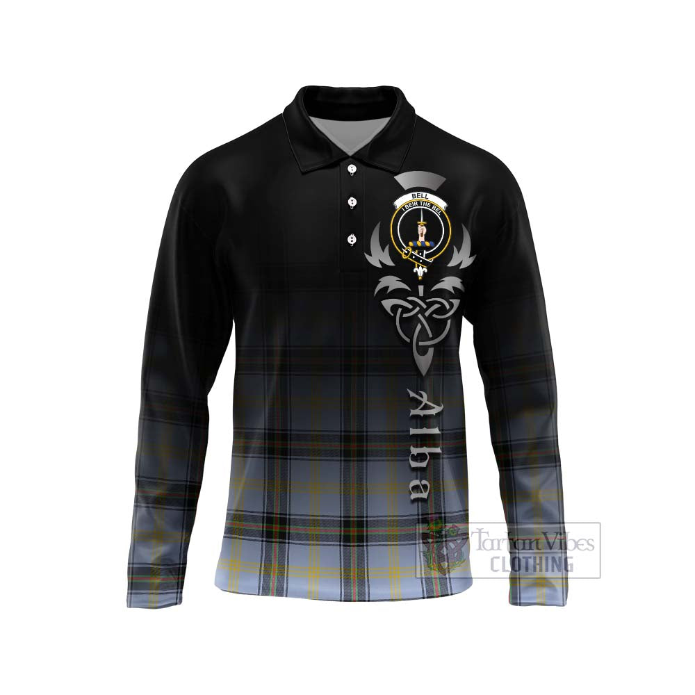 Tartan Vibes Clothing Bell Tartan Long Sleeve Polo Shirt Featuring Alba Gu Brath Family Crest Celtic Inspired
