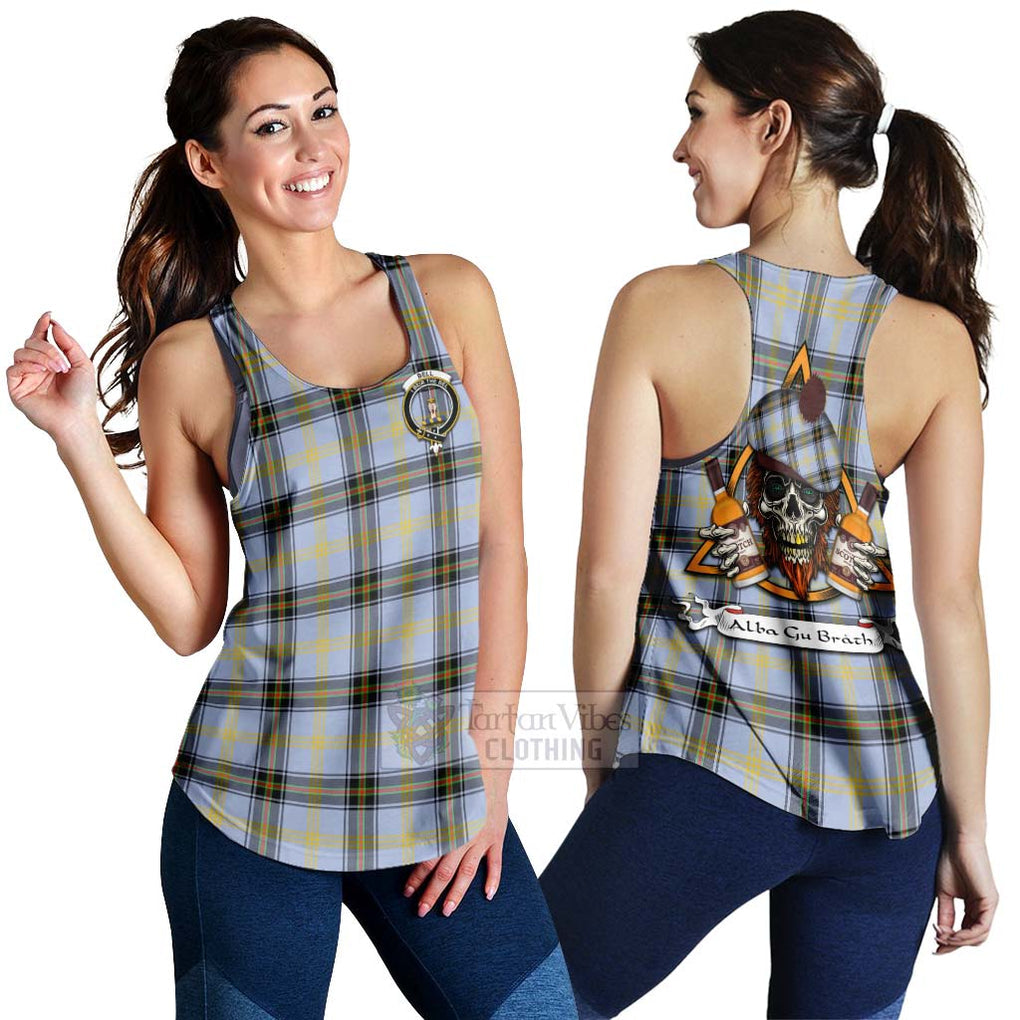 Tartan Vibes Clothing Bell Tartan Women's Racerback Tanks with Family Crest and Bearded Skull Holding Bottles of Whiskey