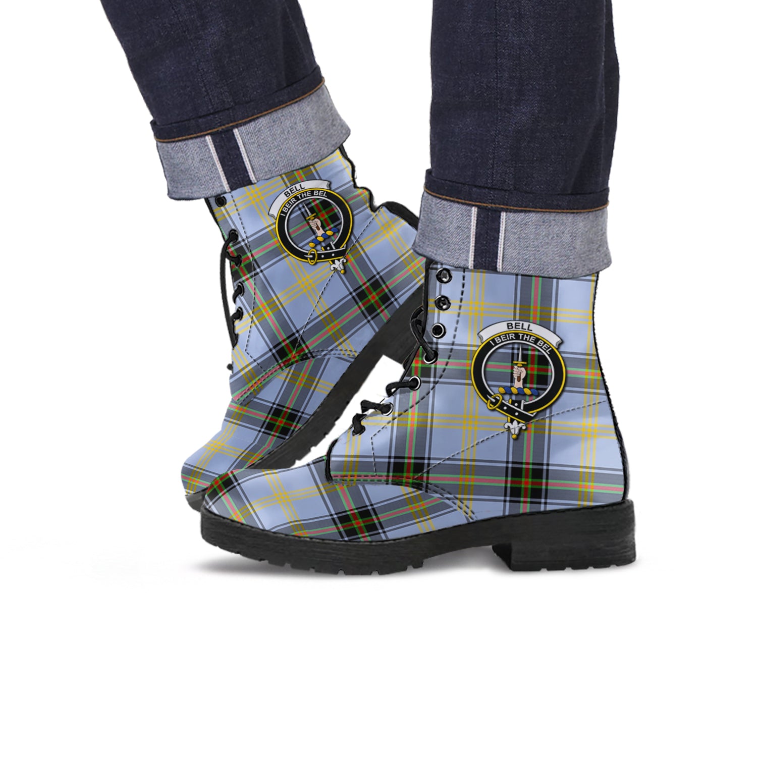 Bell Tartan Leather Boots with Family Crest - Tartanvibesclothing