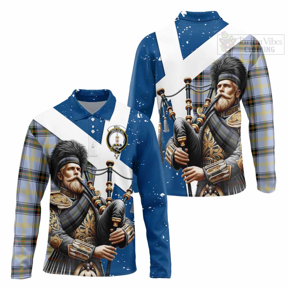 Tartan Vibes Clothing Bell Tartan Long Sleeve Polo Shirt with Family Crest Scottish Bagpiper Vibes