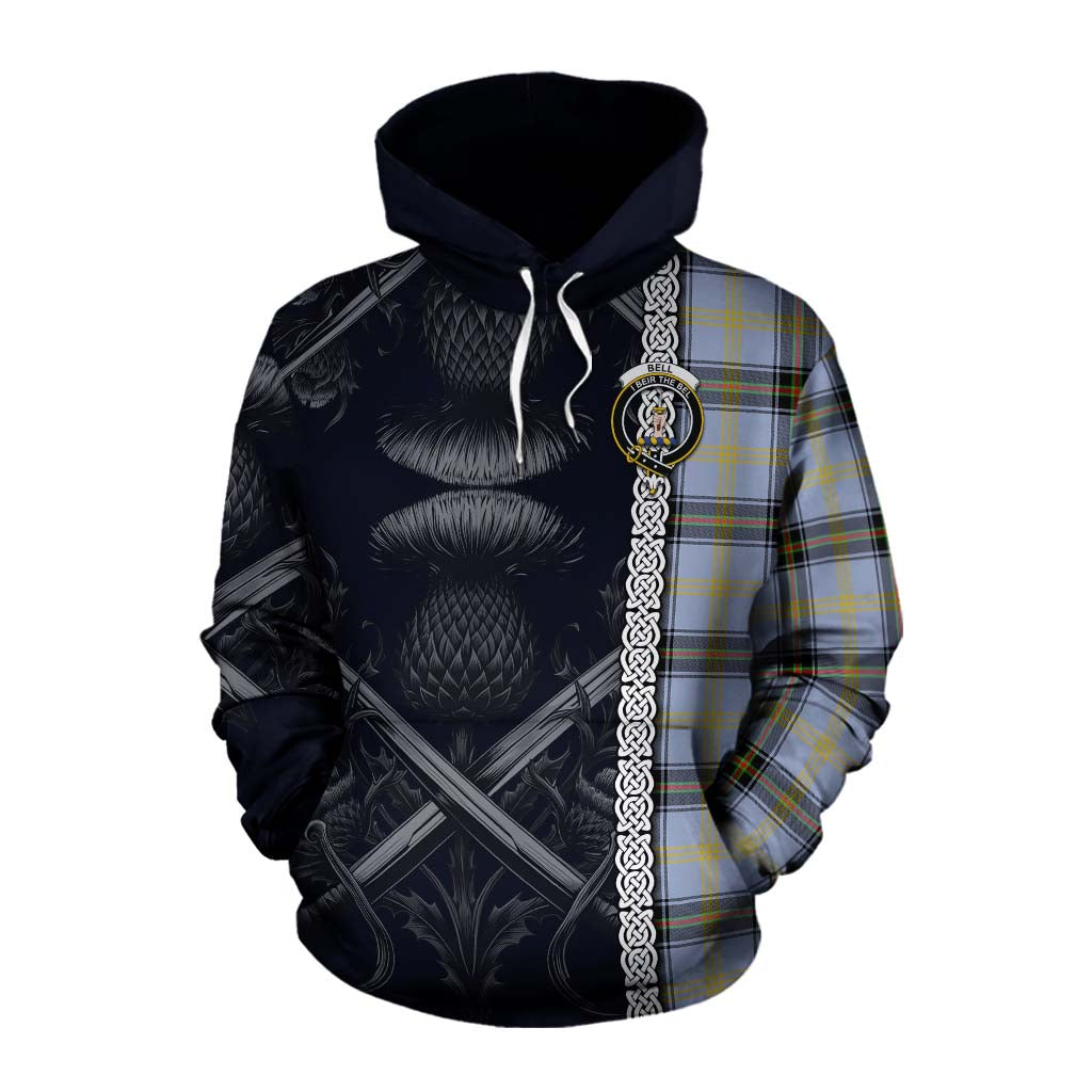 Tartan Vibes Clothing Bell Tartan Cotton Hoodie with Family Crest Cross Sword Thistle Celtic Vibes