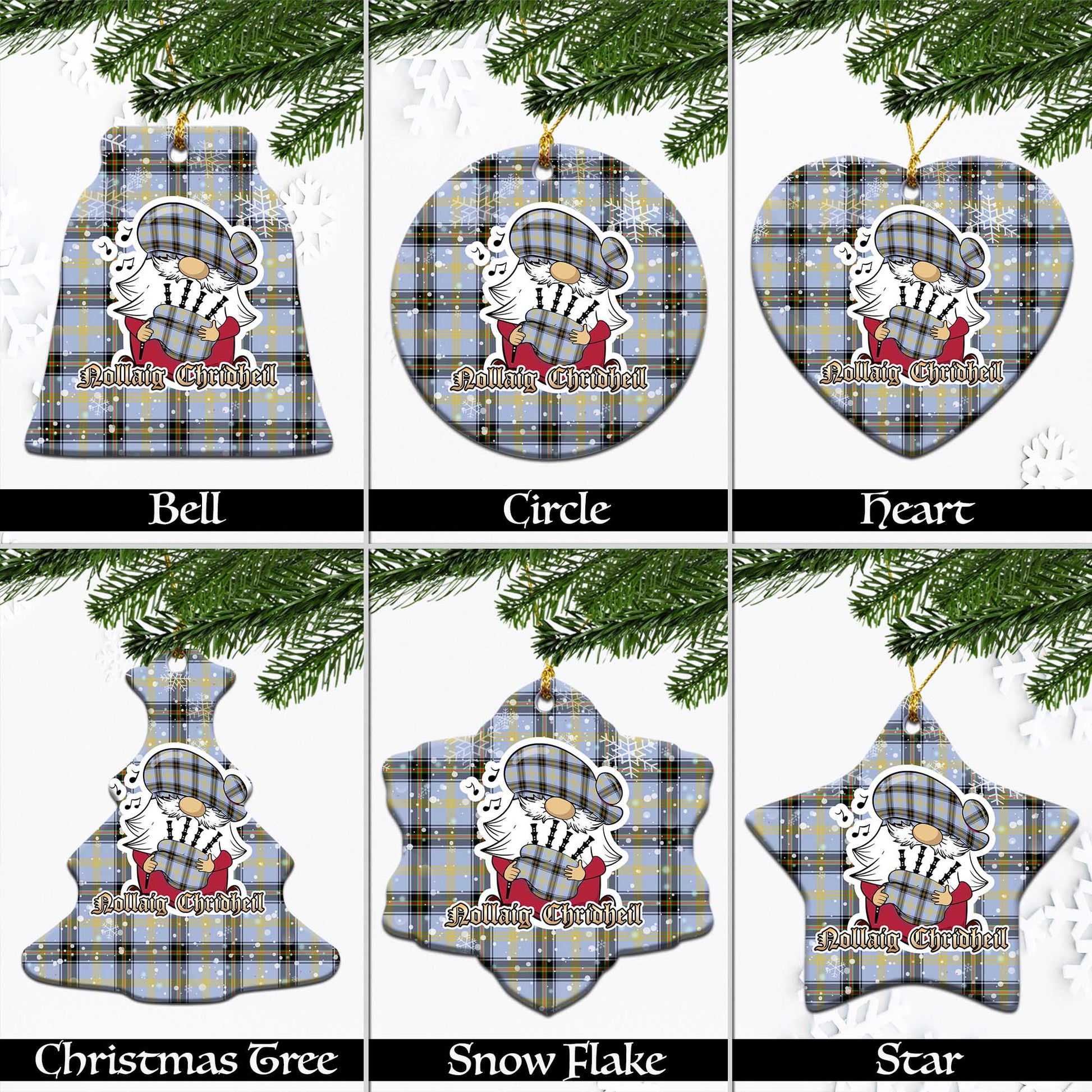 Bell Tartan Christmas Ornaments with Scottish Gnome Playing Bagpipes Ceramic - Tartanvibesclothing