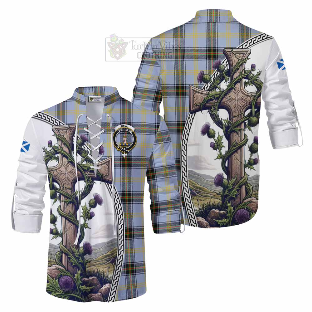 Tartan Vibes Clothing Bell Tartan Ghillie Kilt Shirt with Family Crest and St. Andrew's Cross Accented by Thistle Vines