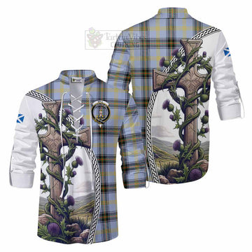 Tartan Vibes Clothing Bell Tartan Ghillie Kilt Shirt with Family Crest and St. Andrew's Cross Accented by Thistle Vines