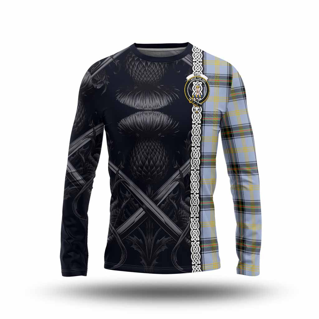 Tartan Vibes Clothing Bell Tartan Long Sleeve T-Shirt with Family Crest Cross Sword Thistle Celtic Vibes